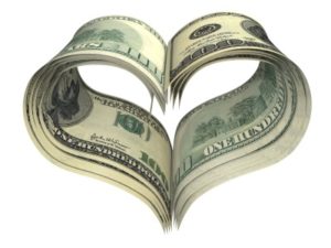 valentine heart shape made by dollars isolated